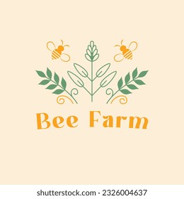 Bee farm vector logo design. Bee and leaves logotype. Eco natural farming logo template.