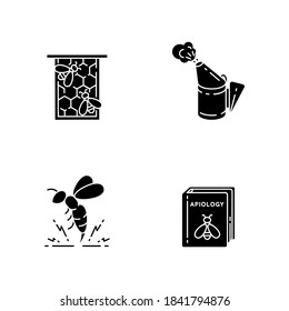 Bee farming black glyph icons set on white space. Honeycomb frame, bee smoker, honeybee venom and apiology book. Professional apiculture, beekeeping silhouette symbols. Vector isolated illustrations