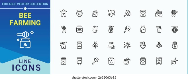 Bee Farming icon pack. Includes symbols for beehive, honeycomb, food, beeswax, dessert, honey bee and more. Honey And Bee icon set. Minimalist icons collection. Editable stroke. Vector collection.