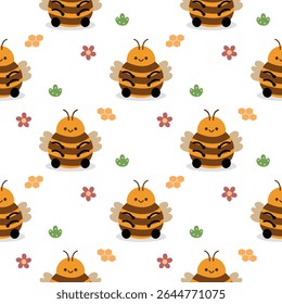 Bee fat cartoon so cute. On flower grass honeycomb white background. Pattern seamless vector illustration. 