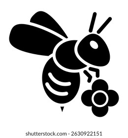 Bee Fill Icon. Black and White Honey Bee Symbol