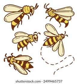 Conjunto de doodle plano de abeja. Polinizador de avispas de insectos voladores. Colmenar de miel. Dibujado a mano ilustración de boceto de Vector.