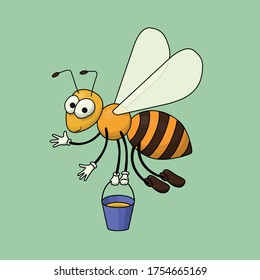 A bee flies with a bucket of honey. Isolated illustration