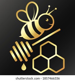 Bee flies and honeycomb golden symbol on black background