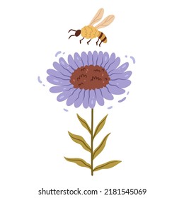 A bee flies over a blue flower and collects honey.Cute hand drawn illustration for print,book,poster.