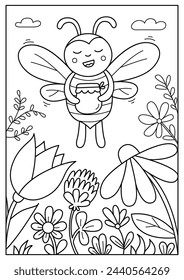 Una abeja vuela sobre las flores y tiene una olla de miel en sus manos. Ilustración vectorial en blanco y negro para libro de colorear.