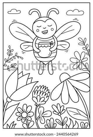 A bee flies over flowers and holds a pot of honey in her hands. Black and white vector illustration for coloring book.