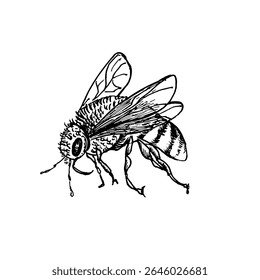 Mão de voo de abelha desenhado preto e branco esboço vetor ilustração botânica. Desenho monocromático de vespa. Insetos agitados por esboço de tinta para arte entomológica, embalagem de produtos de jardim e rótulo de mel.