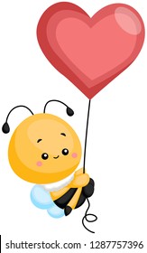 a bee floating up with a heart balloon