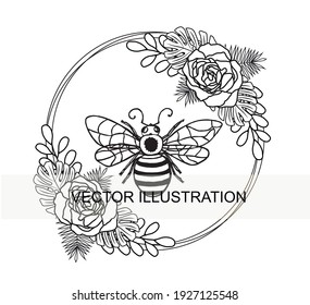 Bee with floral frame. Bee cut file. Floral wreath. Bee happy. Vector illustration with bee.