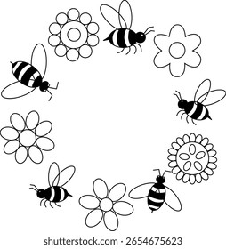 bee in a floral lace Frame circle round template. Vector graphic line illustration. Perfect for cards, decorations, logo, menu, various designs. Coloring Sheet for Stress Relief and Relaxation

