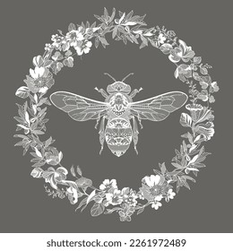 abeja en un marco de encaje floral. ilustración vectorial