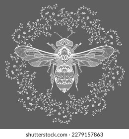 abeja en un marco de encaje floral. ilustración vectorial