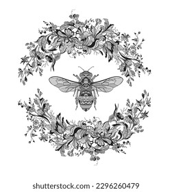 abeja en un marco de encaje floral. ilustración vectorial