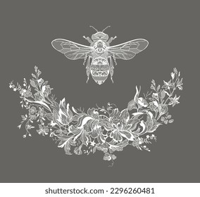 bee in a floral lace frame. vector illustration