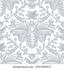 Bee and Floral Seamless Pattern: Elegant Vector Illustration for Fabrics, Wallpapers, and Packaging Design