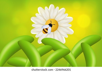 A bee with a flower in the apiary collects honey. Vector 3d illustration. The insect pollinates the flowers. Meadow, field with plants, grass close-up, environment. Bee collecting pollen, white flower