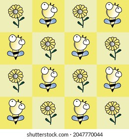 personajes de dibujos animados de abejas y flores sobre fondo amarillo