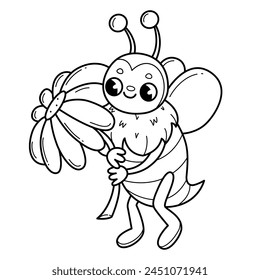 Abeja con flores para colorear libro para niños. Dibujo para colorear con abeja. Ilustración monocroma en blanco y negro. Ilustración de niños Vector.