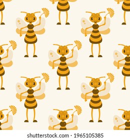 Bee with flower. Concept of successful honey extraction. Vector illustration. Pattern. Flat design..