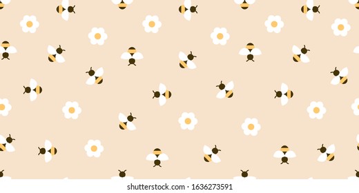 Bee And Flower. Cute Flat Seamless Pattern. Spring, Summer. 