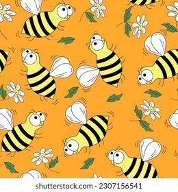 A bee and a flower. Daisies. Bee Day. Seamless pattern , vector  cartoon illustration.	