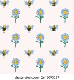 Bee and flower design featuring cute, vibrant characters. Hand-drawn in playful doodle style, seamless pattern. Suitable for children’s, summer, festive, educational materials, packaging, wallpapers