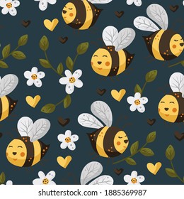 Bee with flower and heart seamless pattern. Honey vector. Cute cartoon yellow bee illustration.