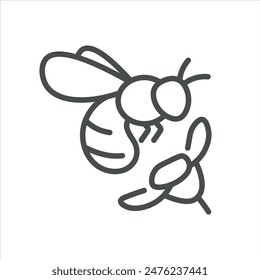 Bee And Flower Icon. Thin Line Illustration of a Bee Pollinating a Flower, Representing Pollination and Environmental Conservation. Isolated Outline Vector Sign.