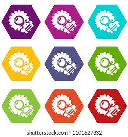 Bee flower icons 9 set coloful isolated on white for web