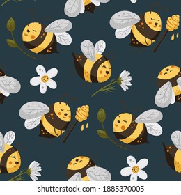 Bee with flower kid seamless pattern. Honey vector. Cute cartoon yellow bees illustration.