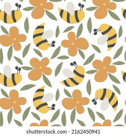 Bee Flower Leaf Kids Modern Abstract Seamless Pattern