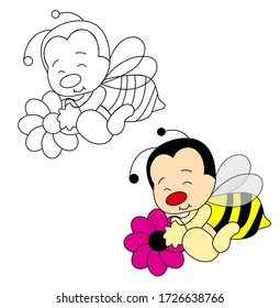 bee with flower line art and colored designs suitable for fabric print or other use. Color can be edit with editable files. vector illustration design, for children, mascot cartoon image.