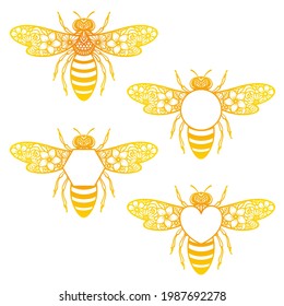 Bee flower monogram. Vector insect silhouette. Template for paper cutting, printing on a T-shirt, mug. Flat style. Hand drawn decorative element for your design. Isolated on white background.