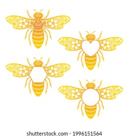 Bee flower monogram. Vector insect silhouette. Floral template for paper cutting, printing on a T-shirt, mug. Flat style. Hand drawn decorative element for your design. Isolated on white background.