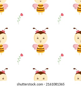 Bee with flower on vector seamless pattern. Cute children character. Illustration for print, wallpaper, fabric.