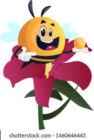 Bee in flower pointing on nectar, illustration, vector on white background.