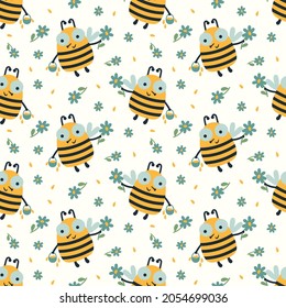 Bee and flower seamless pattern. Cute flying bee with flower and basket with honey. Vector repeat ornament