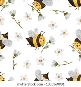 Bee with flower seamless pattern. Honey vector. Cute cartoon yellow bee illustration.