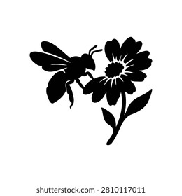 Bee flower silhouette icon vector flat design.