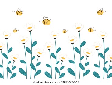 Vector de abejas y flores. caricatura de abejas. diseño de caracteres. vector floral blanco.