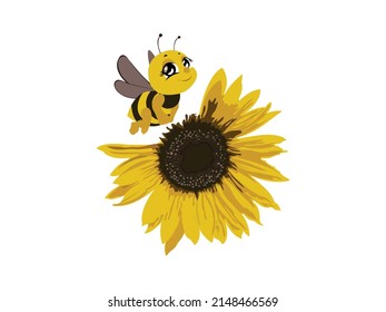 Illustration Vectorielle abeille et Fleur. Tournesol avec Abeille Noire, cadre de texte Demi-Tournesol Isolé sur fond blanc.