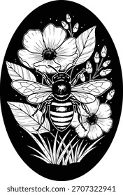 Abeja con la silueta del ilustrador del Vector de la flor negro y escribe