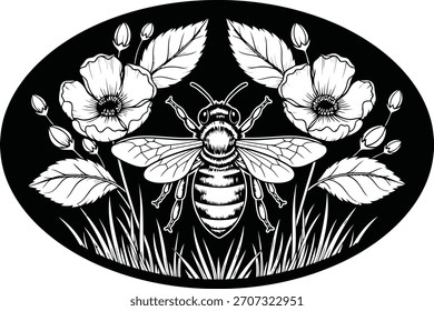 abelha com flor vetor ilustrador silhueta preto e escrever