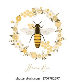 Bee With Flower Wreath Frame On White Background. Honey Product Label And Packaging Design Templates. Flat Style. Summer Cartoon Vector Illustration For Honey Company. 