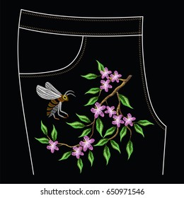 Bee and flowers branch embroidery patch for jeans pocket. Vector fashion embroidered ornament.