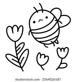 Bee with flowers. Cute bee, tulips, flowers. Kawaii bee, kawaii animals. Black and white illustration, hand drawn coloring.