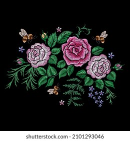 Bee and flowers embroidery. Botanical bedding silk stitch rose with flying bees. Insect and bouquet, fashion mascot ornament. Nowaday floral vector patch