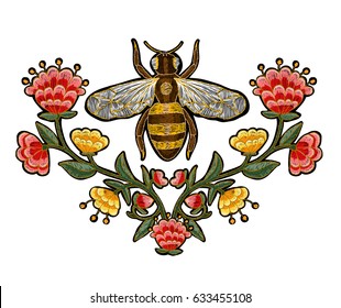 Bee and flowers embroidery. Insect embroidery.