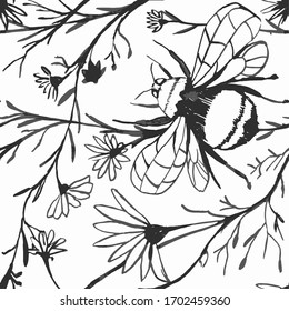 Bee and flowers. Hand drawing vector illustration. Sketch. Seamless pattern. 